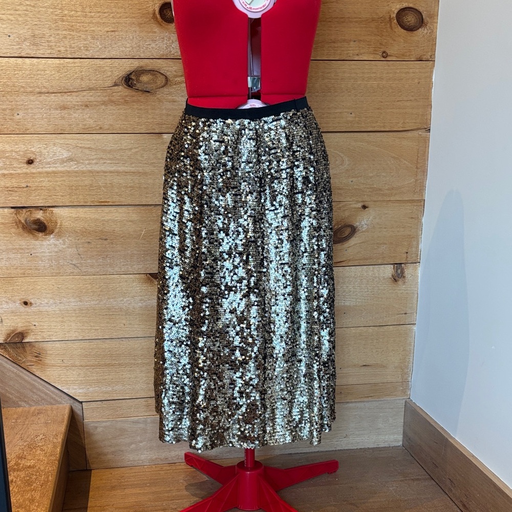 Anthropologie Gold Sequin Midi Skirt with Black Waistband
